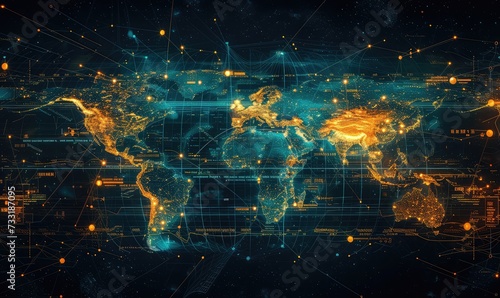 a screen with a digital map of the world with network connections between nations representing international trading, color palette of blue and yellow photo