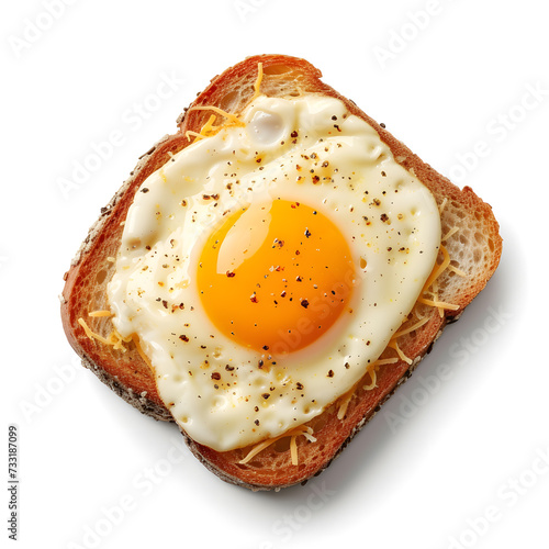Fried egg on plate over wooden table, top view, 