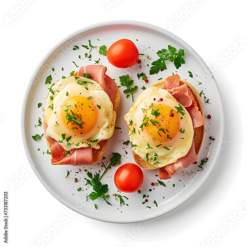 Breakfast with egg Benedict isolated top view on white background