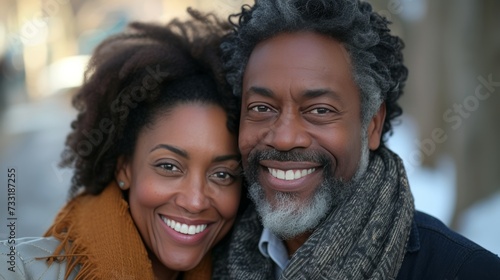 A happy Black couple, eyes gleaming with love, radiating joy and warmth towar...