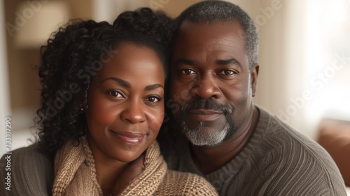 A happy Black couple, eyes gleaming with love, radiating joy and warmth towar...