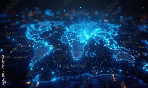 abstract design of network technology world map, in the style of motion blur panorama, flat backgrounds, luminous seascapes,dark sky blue and dark black