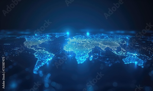 abstract design of network technology world map, in the style of motion blur panorama, flat backgrounds, luminous seascapes,dark sky blue and dark black