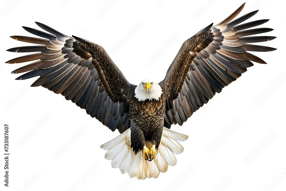 Obraz premium A bald eagle soars with spread wings on white background