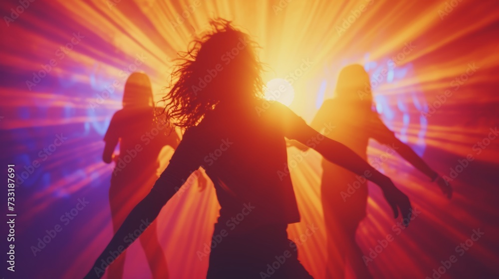 Silhouettes of people dancing against a backdrop of pulsating nightclub lights