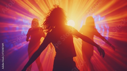 Silhouettes of people dancing against a backdrop of pulsating nightclub lights