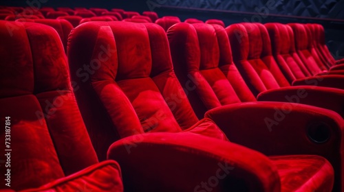 Red velvet theater seats bathed in soft light, inviting viewers to immerse th...