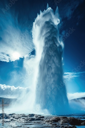 Great geysir erupting by water and steam