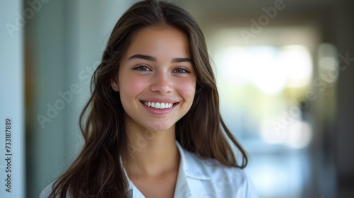 The young pharmacist beams with confidence, her smile illuminating the frame with positivity