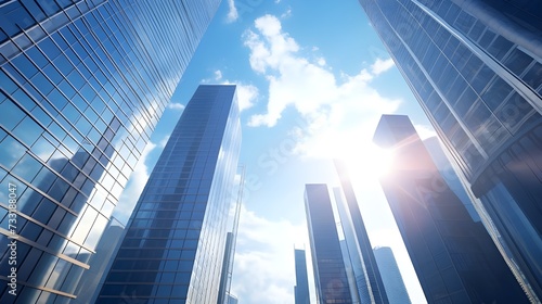 View from ground level up of corporate skyscrapers and sunshine above, sleek and modern downtown architecture