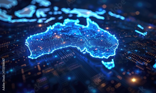 an abstract image representing the map of Australia in a high-tech data flow theme in bright blue colour, navy blue background, artificial intelligence, binary, futuristic, monochromatic
