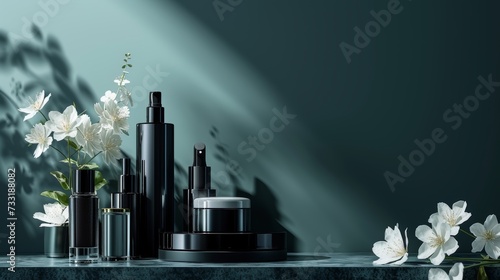Sleek bottles and compacts arranged with precision, exuding sophistication an...