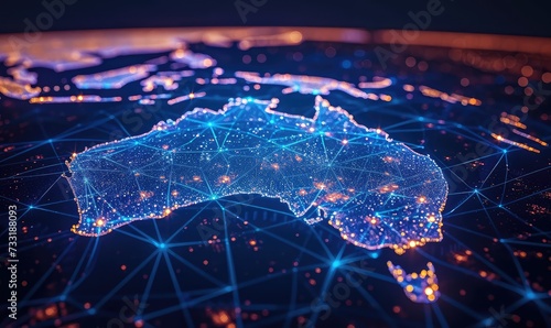 an abstract image representing the map of Australia in a high-tech data flow theme in bright blue colour, navy blue background, artificial intelligence, binary, futuristic, monochromatic