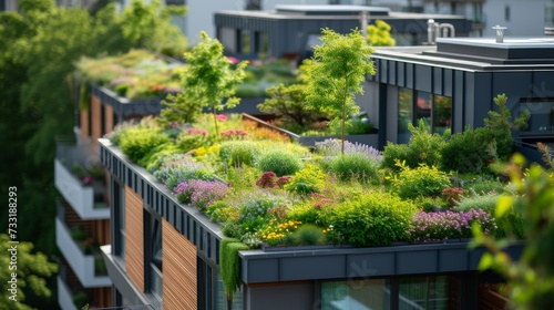 Rooftop gardens atop eco-friendly buildings, promoting energy-efficient urban...