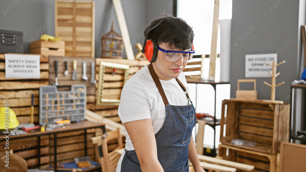A young man wearing safety gear works diligently in a well-organized carpentry workshop. A young man wearing safety gear works diligently in a well-organized carpentry workshop.