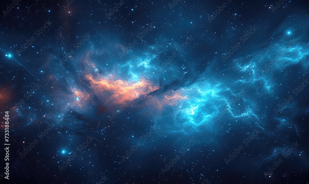 stars over a nebula, in the style of technological sense, azure and amber, light amber and sky-blue, rollerwave, light crimson, iconic, cyberpunk