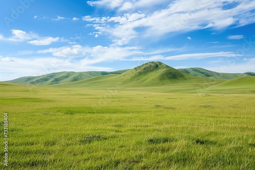 Landscape of green grass on slope with blue sky © Alina