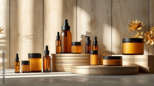 Sleek bottles and compacts arranged with precision, exuding sophistication an...