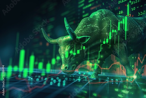 Big bull and green stock market. Bull market photo