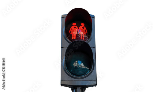 LGBT LGBTQ red traffic light, same-sex woman couple isolated cutout on white background. Copy space