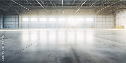 Concrete floor inside industrial building. Use as large factory  warehouse  storehouse  hangar or plant.