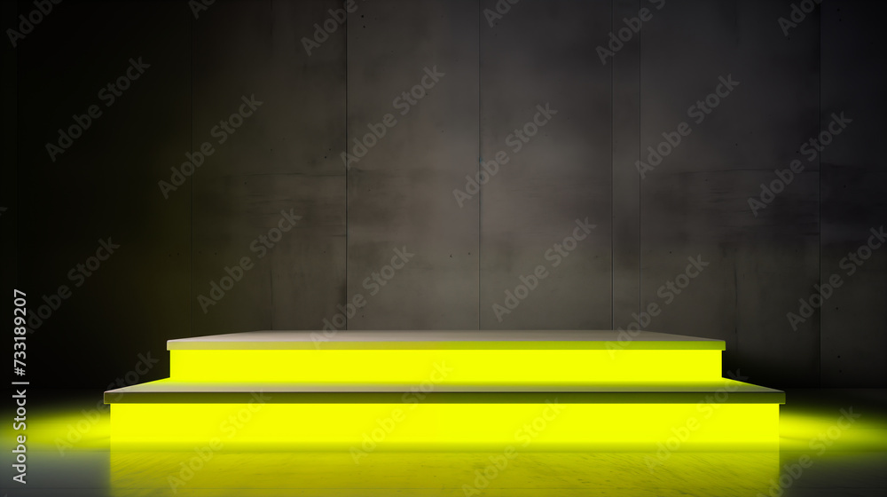 Obraz premium Yellow neon cyber futuristic concrete platform, Product podest for Advertising, Modern Mockup template isolated background