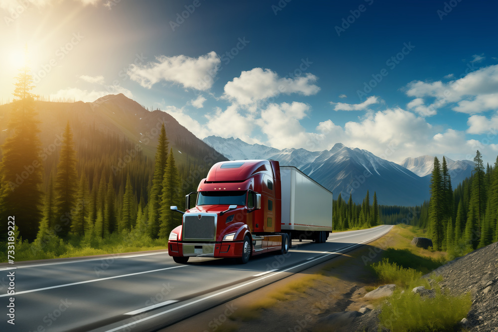Red Semi Truck Driving Down a Mountain Road Red Semi Truck Driving Down a Mountain Road