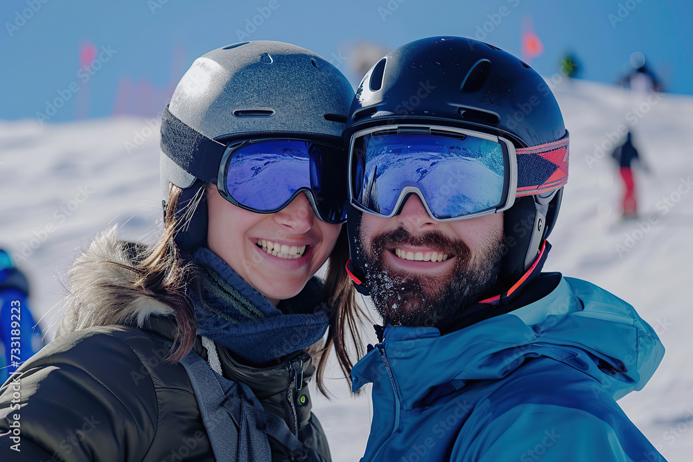 Young couple skiing on winter vacation Young couple skiing on winter vacation