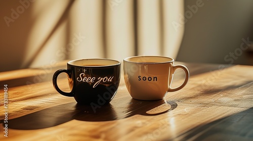 A minimalistic image of two coffee cups on a table, "See you soon" written in a casual script, Generative AI