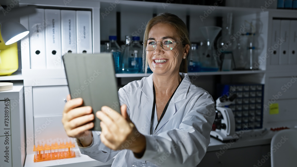 Smiling woman scientist in lab coat using tablet in modern laboratory setting