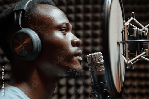 Young african american man singing with microphone and recording new song in studio © Alina