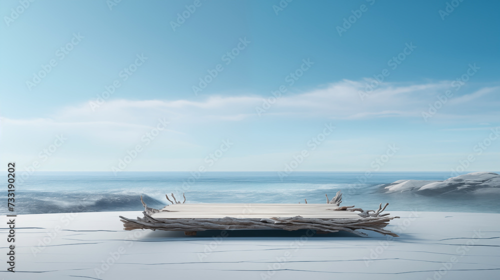 Modern idillyc paradise with driftwood and clean platform for product presentation. Perfect background for advertising.
