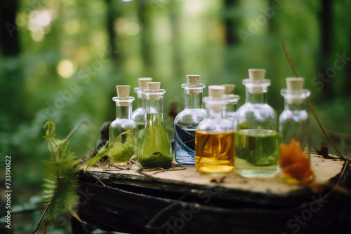 Flowers and petals in a glass jar, beautiful nature, science, chemistry, lab