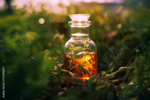 Flowers and petals in a glass jar, beautiful nature, science, chemistry, lab