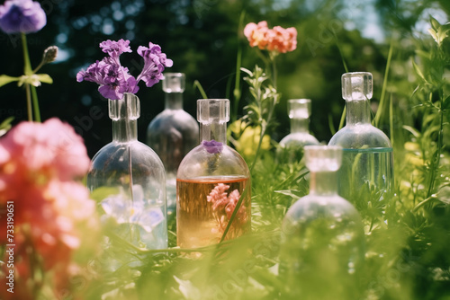 Flowers and petals in a glass jar, beautiful nature, science, chemistry, lab