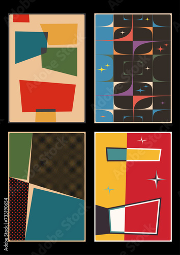 1960s Background Set, Poster Templates for Mid-Century Modern Style Parties, Events. 60s Color Posters, Abstract Shapes 