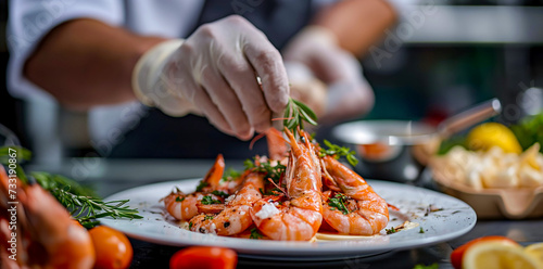 Chef Seasoning Grilled Prawns with Herbs for a Gourmet Presentation
