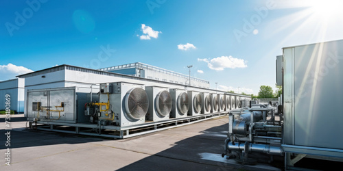 Condenser unit or compressor outside factory plant. Unit of ac air conditioner, heating ventilation or hvac air conditioning system.