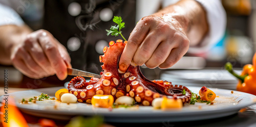 Chef Artfully Plating Octopus and Vegetables in Gourmet Presentation

