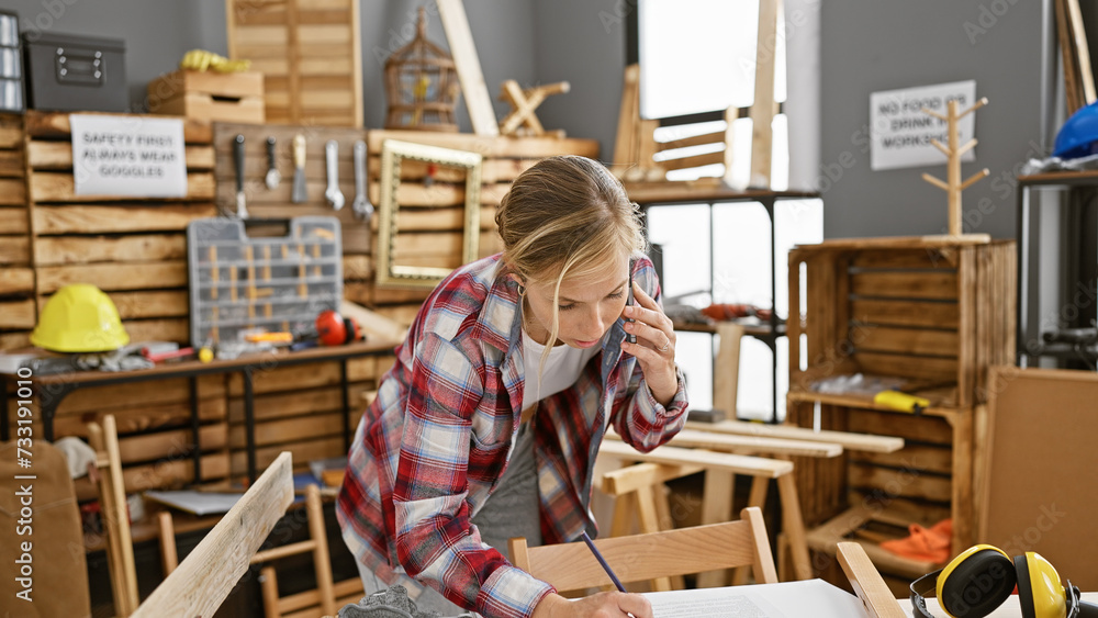 A focused young woman carpenter in casual attire is on a phone call while writing notes indoors at a woodworking workshop. A focused young woman carpenter in casual attire is on a phone call while writing notes indoors at a woodworking workshop.