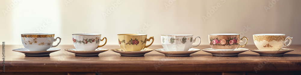 Stacked tea cups in a row complement the elegant tea service Stacked tea cups in a row complement the elegant tea service