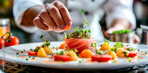 Chef Perfecting Tuna Tartare Presentation with Fresh Vegetables
