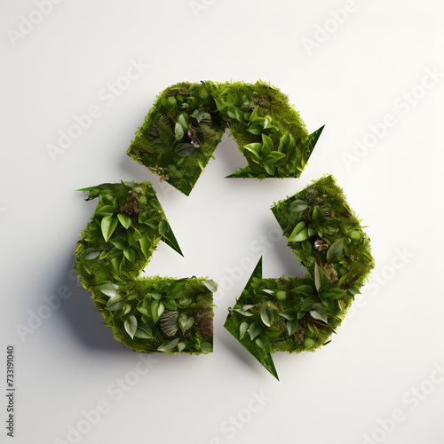 Green moss under paper cut recycling symbol. Save planet, eco, recycling concept.