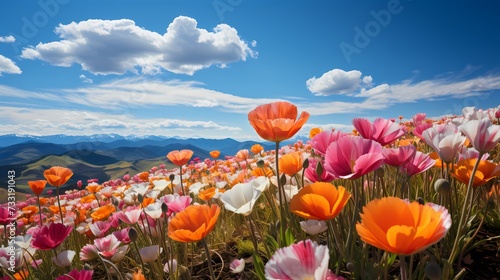 A top view of a vibrant field of tulips with blue skies and fluffy clouds above, capturing the beauty of nature's colors against a serene backdrop