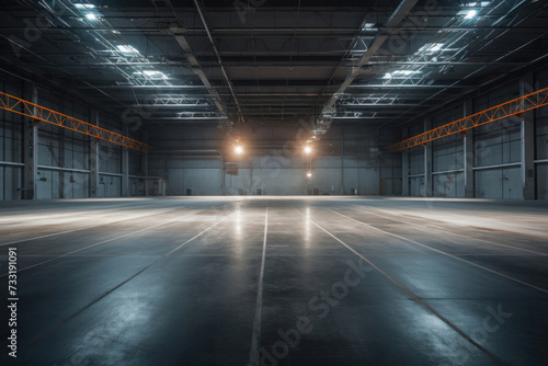 Empty floor, interior of industrial, commercial building. Construction by metal, steel, concrete. Modern factory, warehouse, hangar for backgroud.