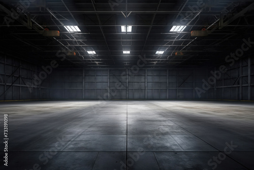 Empty floor, interior of industrial, commercial building. Construction by metal, steel, concrete. Modern factory, warehouse, hangar for backgroud. photo