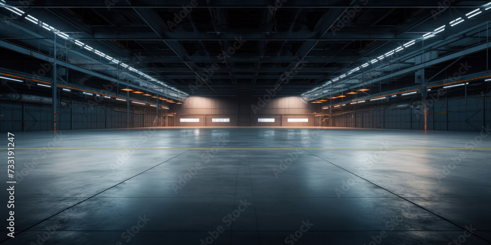 Empty floor, interior of industrial, commercial building. Construction by metal, steel, concrete. Modern factory, warehouse, hangar for backgroud.