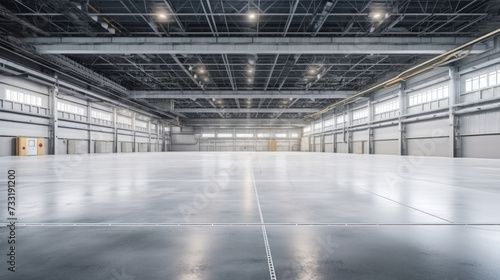 Empty floor  interior of industrial  commercial building. Construction by metal  steel  concrete. Modern factory  warehouse  hangar for backgroud.