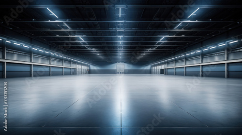 Empty floor, interior of industrial, commercial building. Construction by metal, steel, concrete. Modern factory, warehouse, hangar for backgroud. © Wararat