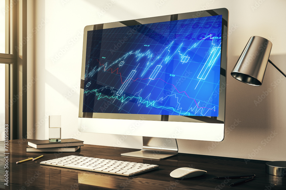 Modern computer display with abstract financial graph, financial and trading concept. 3D Rendering Modern computer display with abstract financial graph, financial and trading concept. 3D Rendering